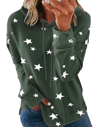 Star print oversized hoodie for women in olive green with stylish star patterns
