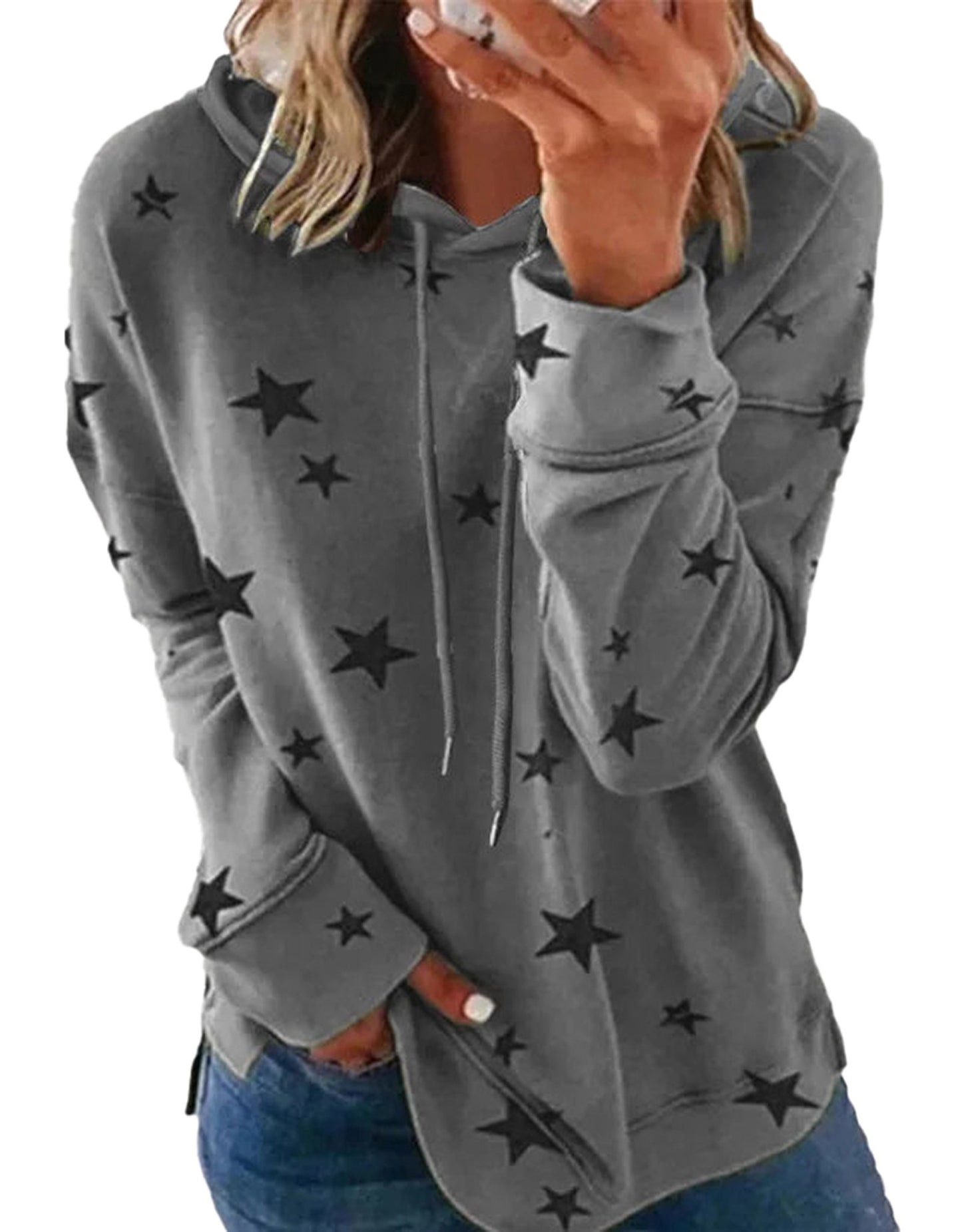 Casual gray star print oversized hoodie for women by LuckeLadybug LLC with a comfortable fit