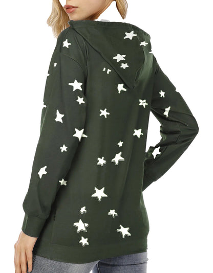 Stylish star print oversized hoodie for women in green with star patterns on the back