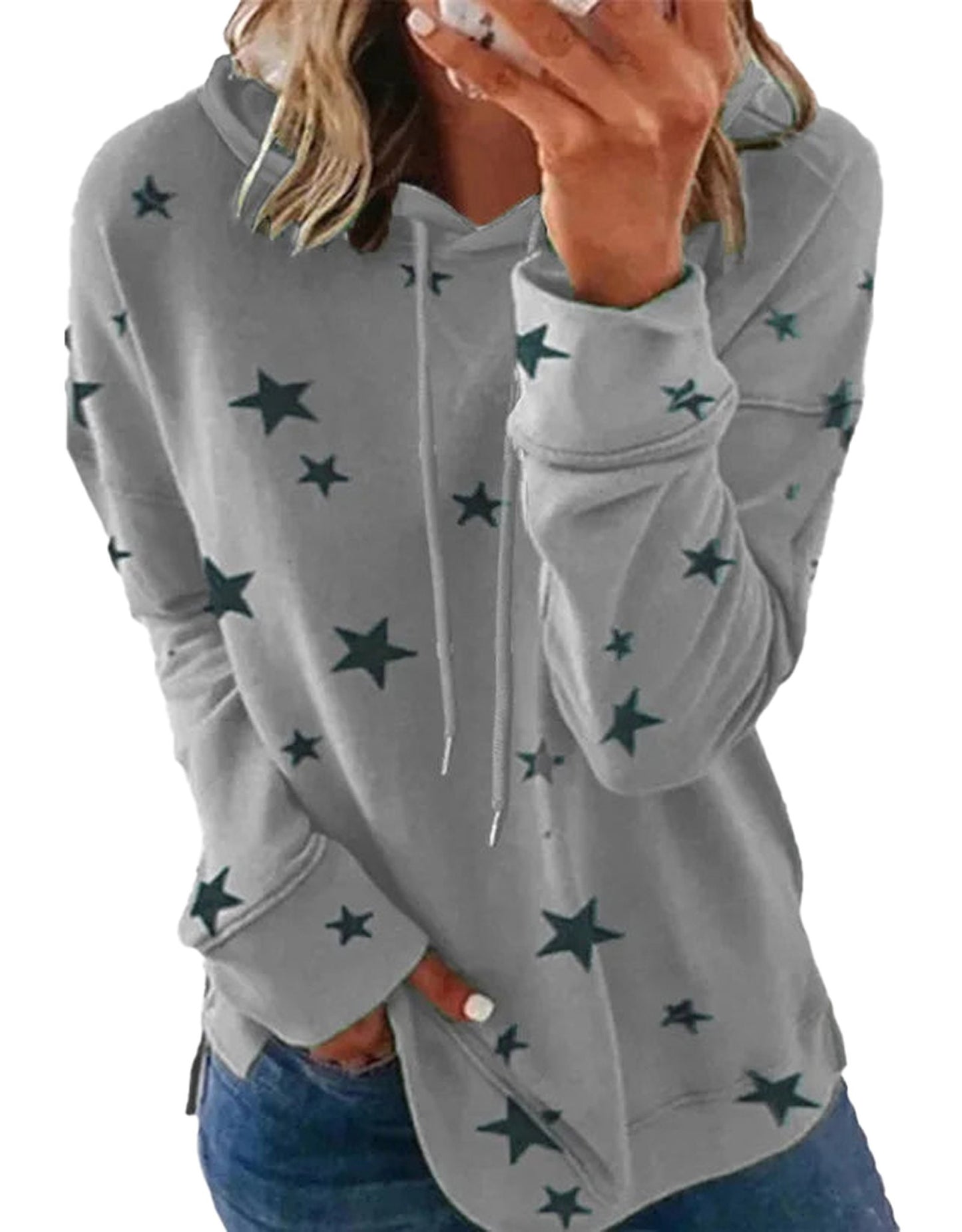 Star print oversized hoodie for women in gray with a comfortable fit and stylish design