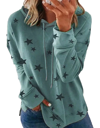 Turquoise star print oversized hoodie for women with a relaxed fit and adjustable drawstring