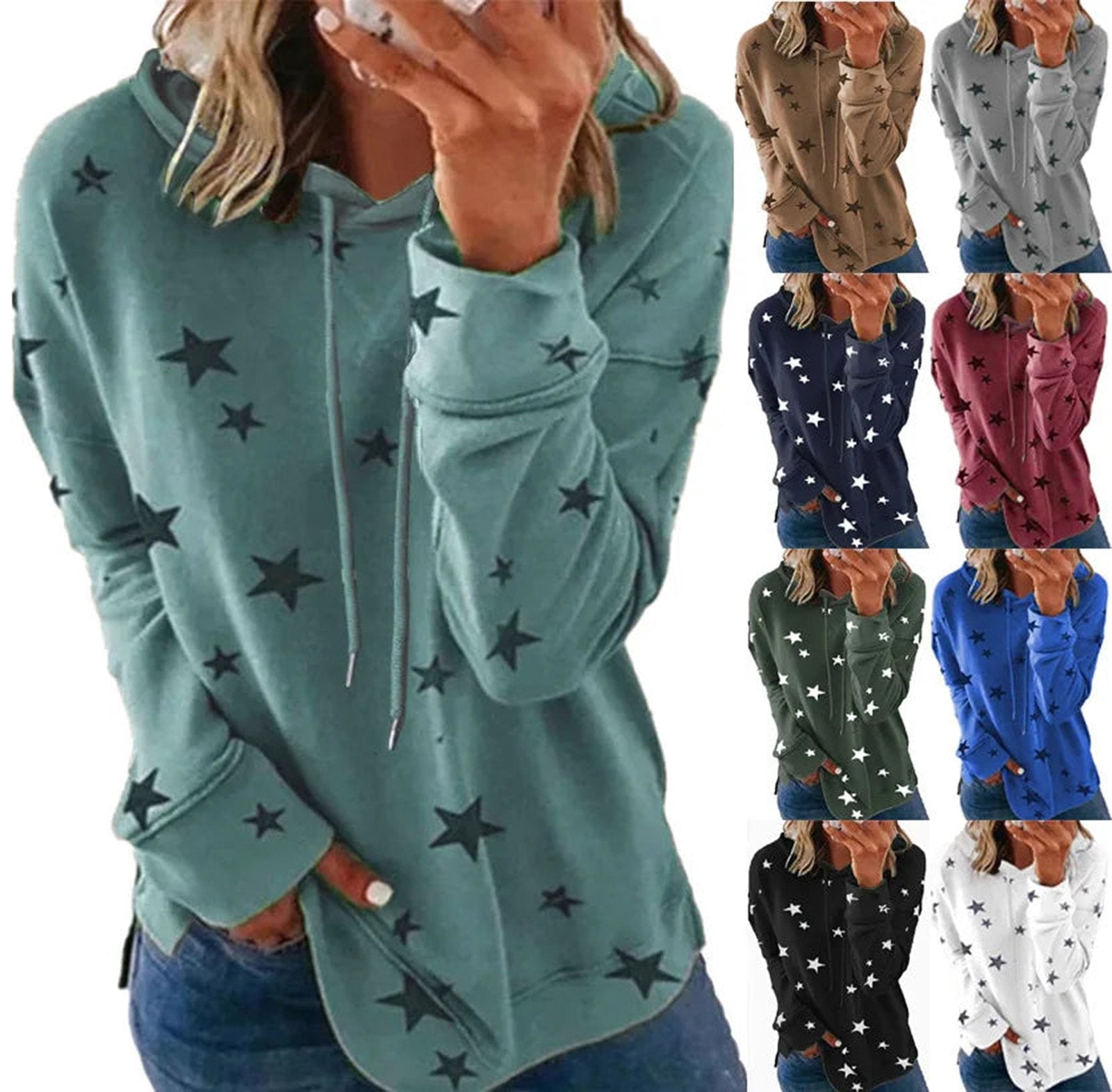 Star print oversized hoodie for women in various colors with a cozy design and front pocket