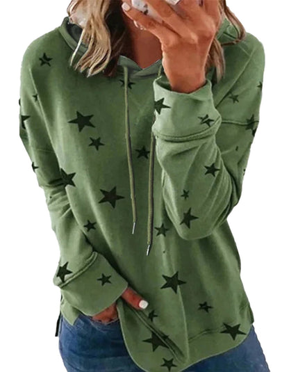 Star print oversized hoodie for women in green with a relaxed fit design and front pocket