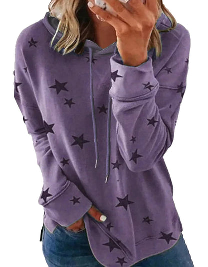 Star print oversized hoodie for women in purple with a casual design and comfortable fit