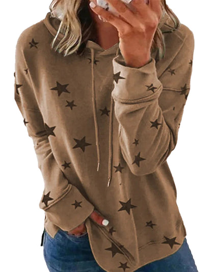 Brown star print oversized hoodie for women with a comfortable fit, perfect for casual wear