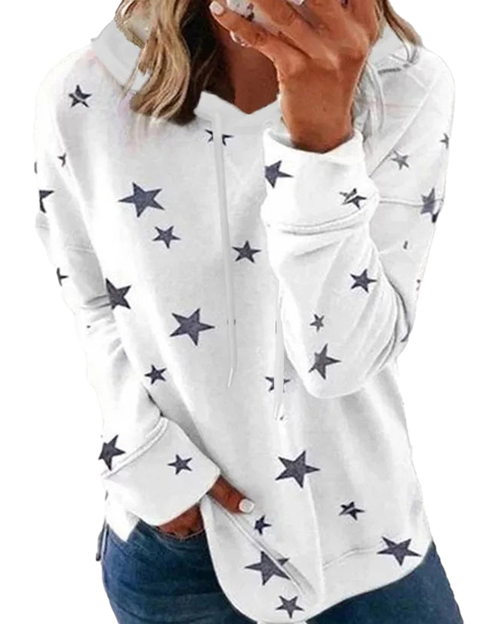 White star print oversized hoodie for women with a cozy fit and stylish design from LuckeLadybug LLC