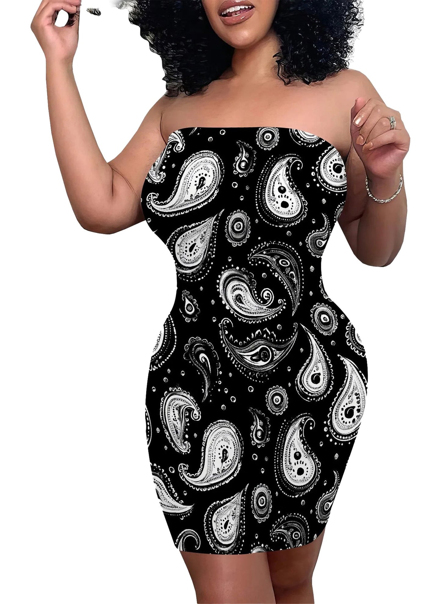 Stylish strapless bodycon dress for women in black with white paisley print, perfect for various occasions