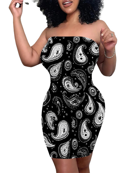 Stylish strapless bodycon dress for women in black with white paisley print, perfect for various occasions