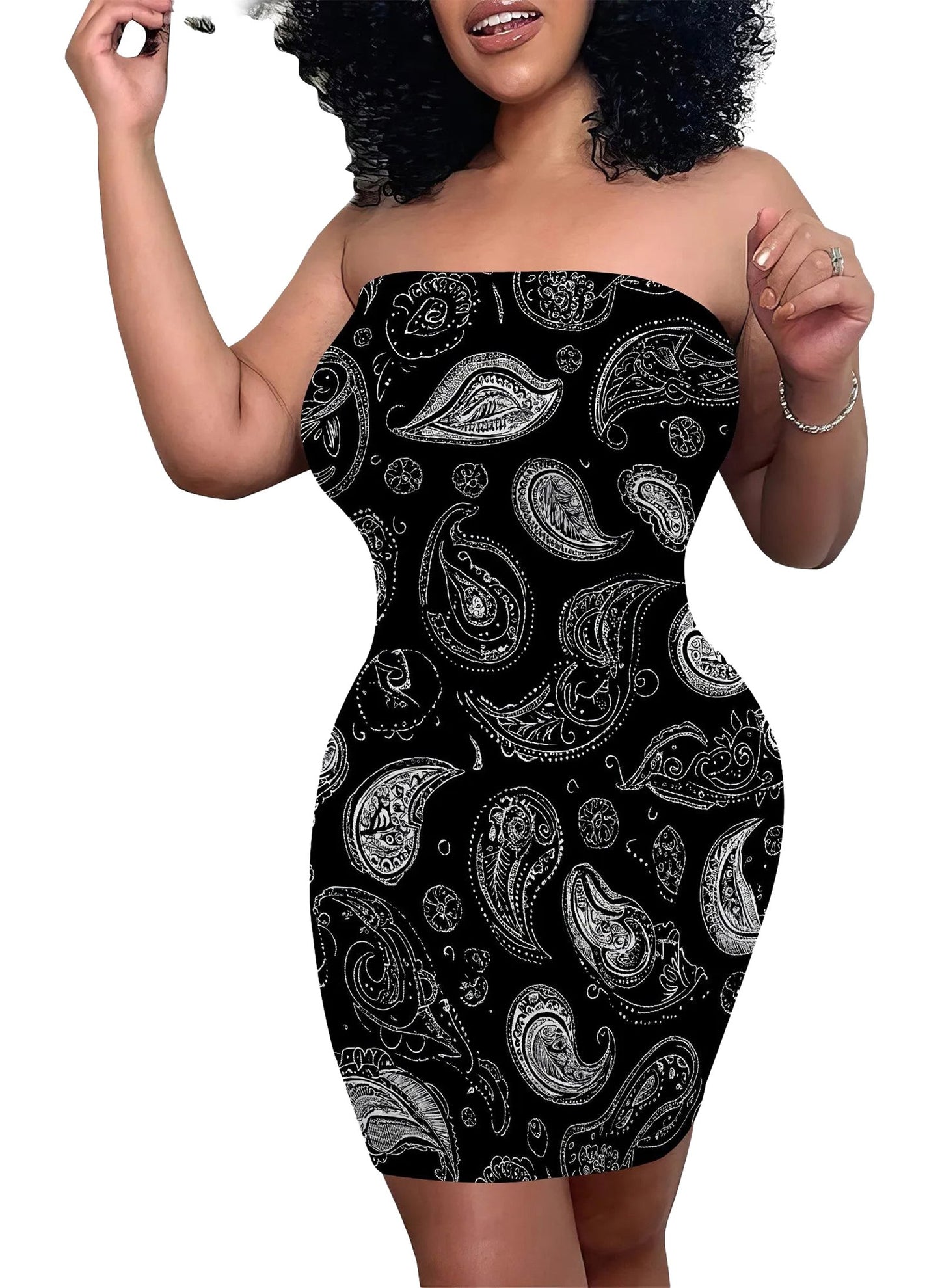 Stylish strapless bodycon dress for women in black with paisley pattern for a chic look
