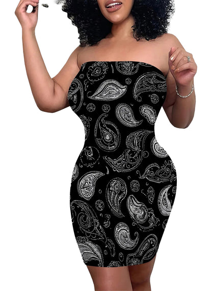 Stylish strapless bodycon dress for women in black with paisley pattern for a chic look