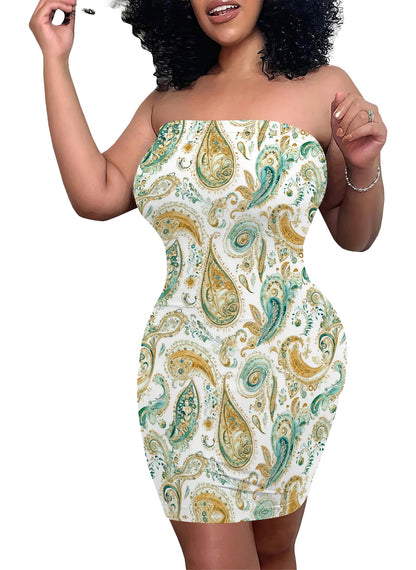 Strapless bodycon dress for women with a vibrant paisley pattern in yellow and teal