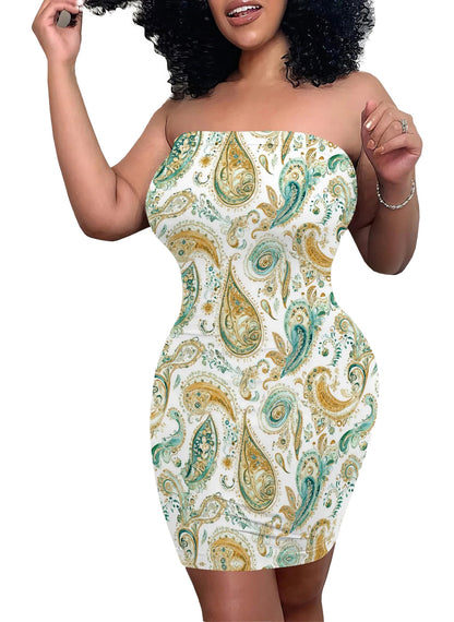 Stylish strapless bodycon dress for women featuring a colorful paisley pattern in yellow and teal