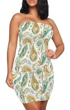 LuckeLadybug LLC strapless bodycon dress for women with a colorful paisley print in white, green, and gold