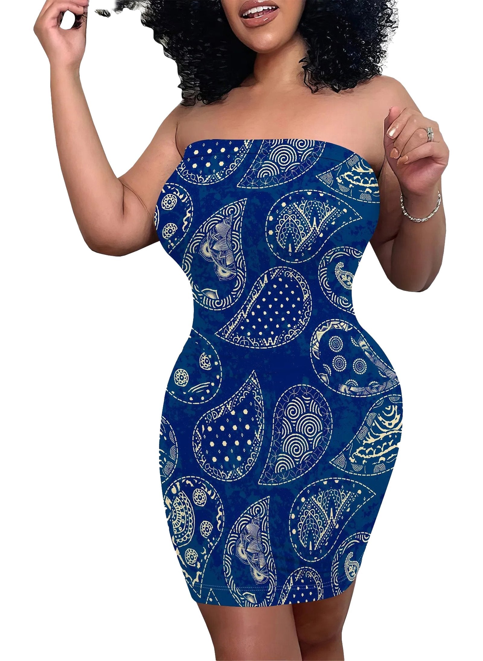 Stylish strapless bodycon dress for women in blue with unique patterned design