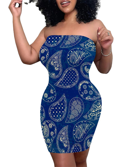 Stylish strapless bodycon dress for women in blue with unique patterned design