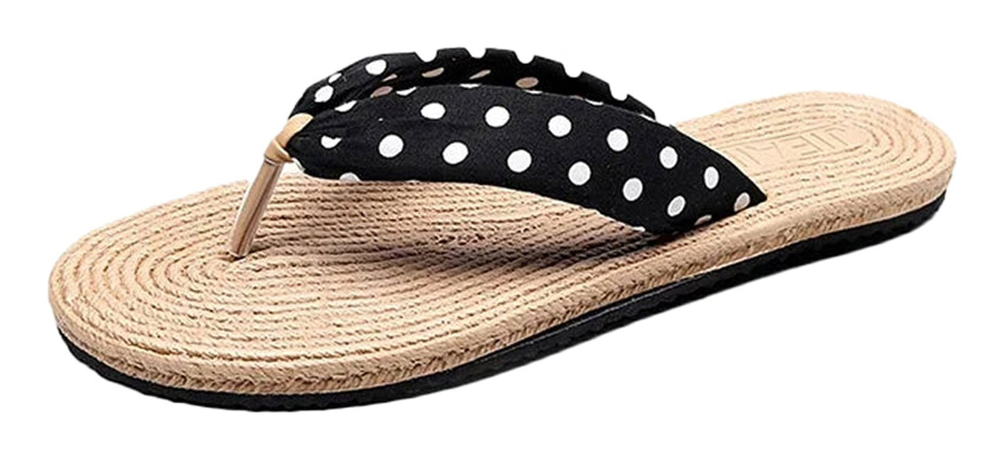LuckeLadybug women's summer beach flip-flops with black polka dot straps and woven sole for stylish comfort