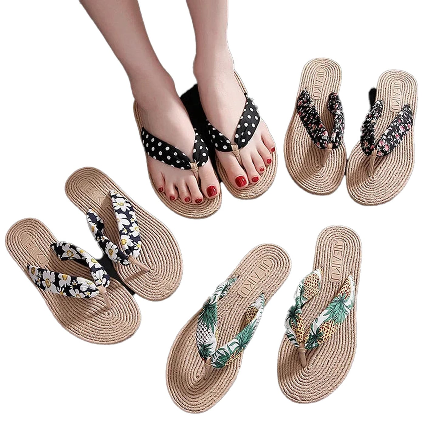 LuckeLadybug LLC women's summer beach flip-flops in various floral and polka dot designs