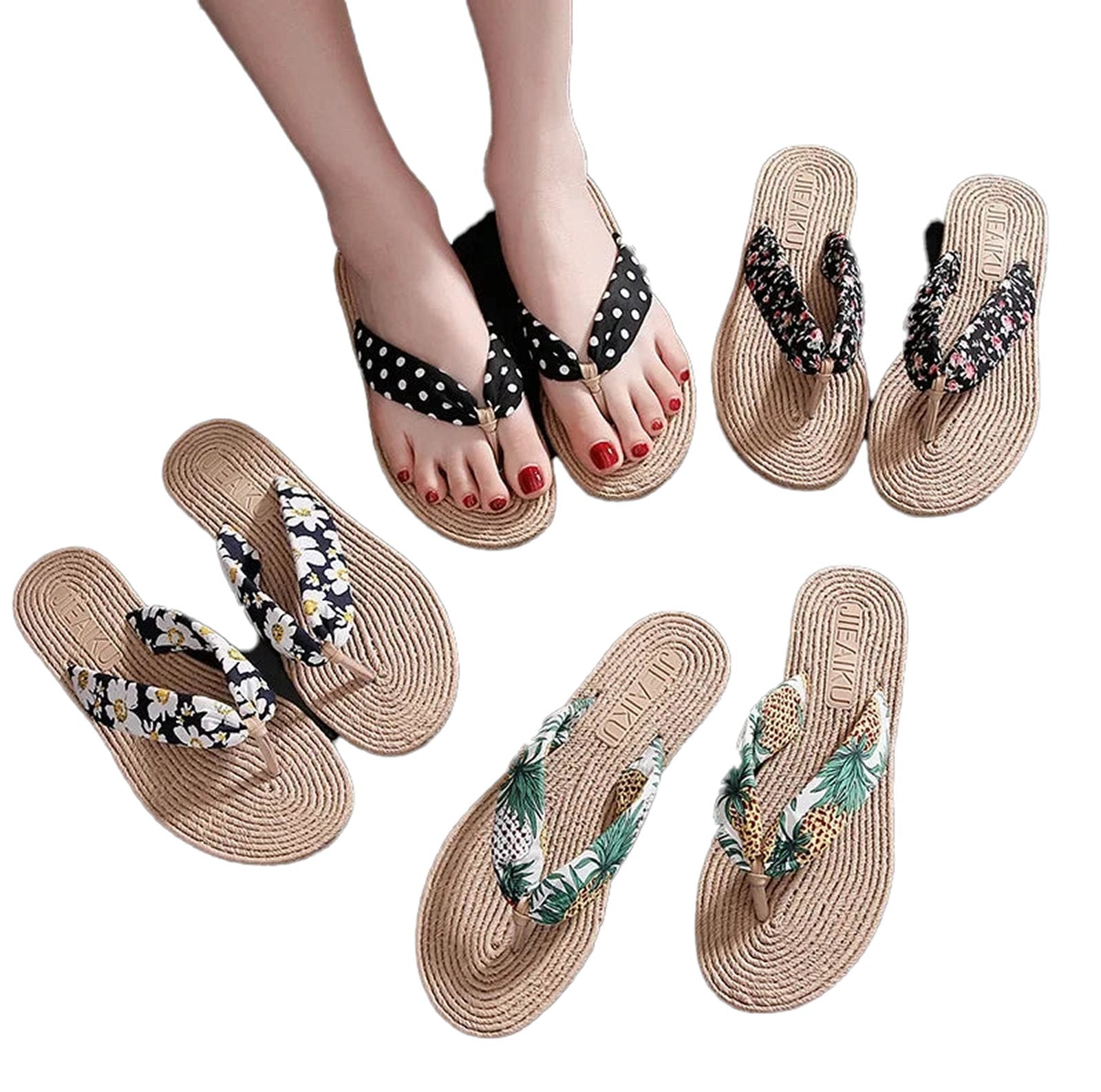 LuckeLadybug LLC women's summer beach flip-flops in various floral and polka dot designs