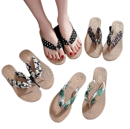 LuckeLadybug LLC women's summer beach flip-flops in various floral and polka dot designs