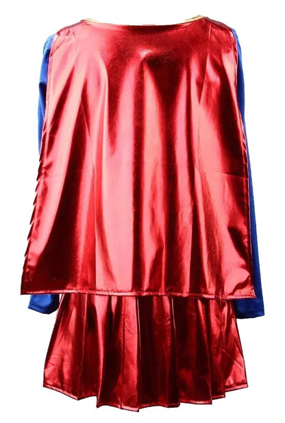 LuckeLadybug LLC women supergirl costume with shiny red cape and blue top design