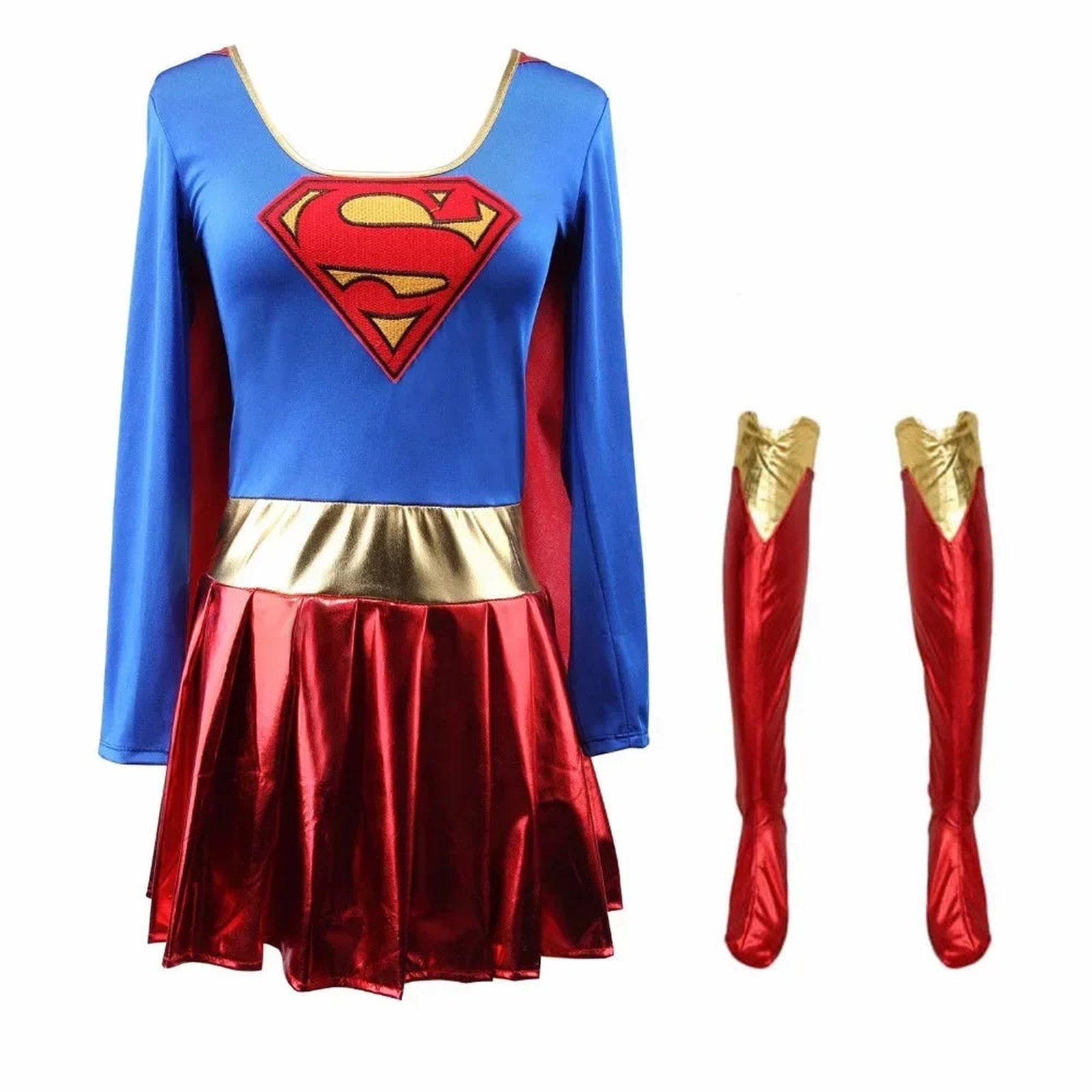 LuckeLadybug LLC women supergirl costume featuring a blue top and red skirt with gold accents