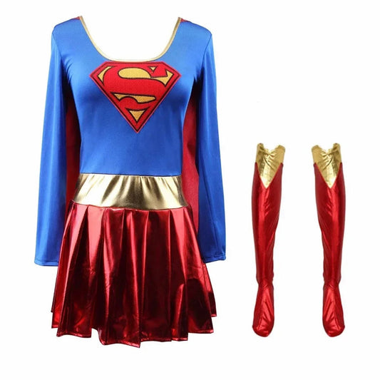 LuckeLadybug LLC women supergirl costume featuring a blue top and red skirt with gold accents