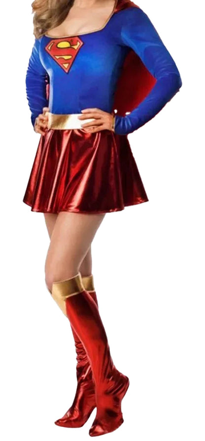 LuckeLadybug LLC women supergirl costume featuring a blue top and red skirt with shiny accessories