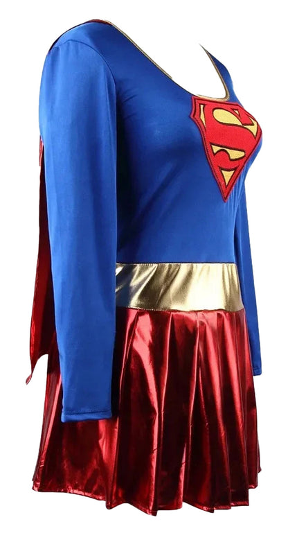 LuckeLadybug LLC women's supergirl costume with blue top and red skirt featuring the Superman logo