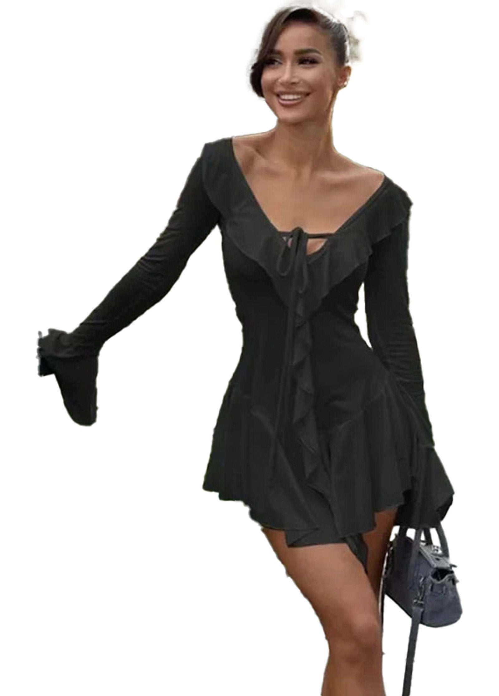 Fit and flare black mini dress with ruffles, perfect for casual outings and events