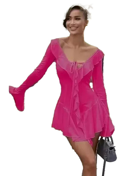 Pink fit and flare dress with ruffles and long sleeves by LuckeLadybug LLC, perfect for summer outfits.