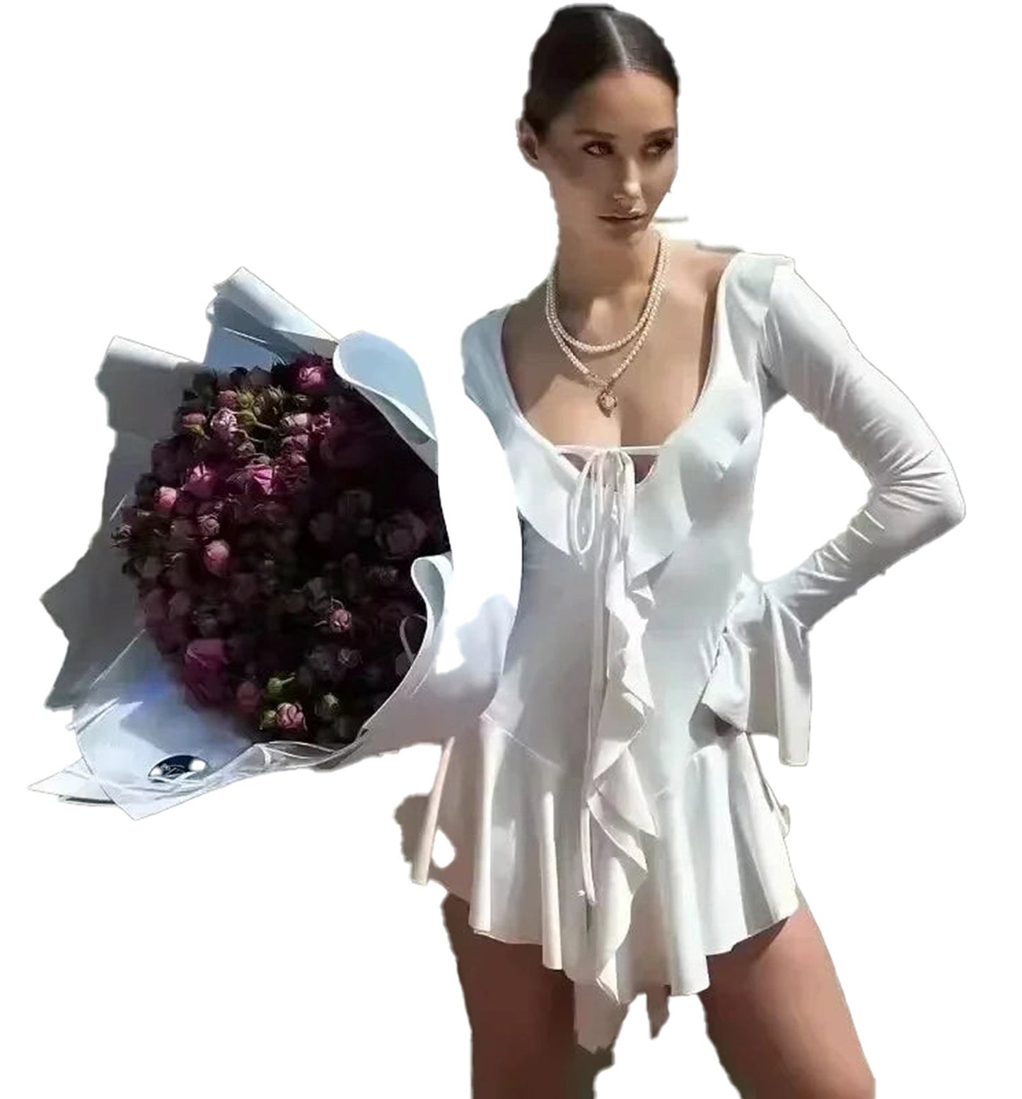 Elegant white ruffle mini dress for women with long sleeves and a flared silhouette, paired with a floral bouquet