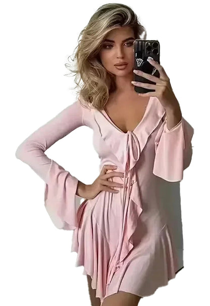 Pink fit and flare style dress featuring ruffles, ideal for casual outings, perfect white ruffle mini dress for women