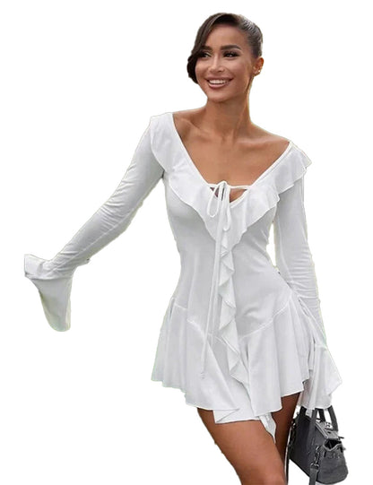 LuckeLadybug LLC white ruffle mini dress for women with long sleeves and a flattering fit