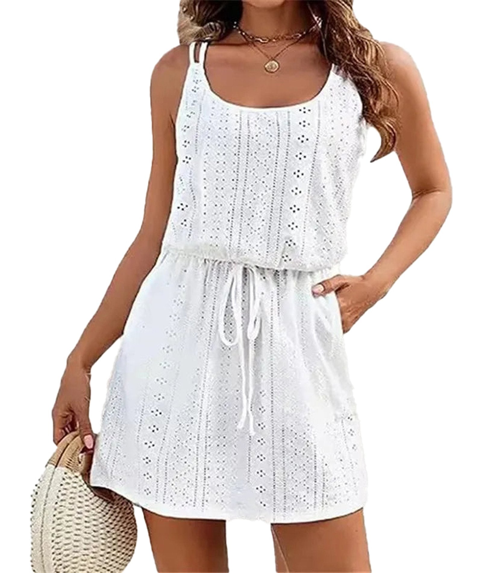 LuckeLadybug LLC white sleeveless mini dress for women with adjustable drawstring waist and lace detailing