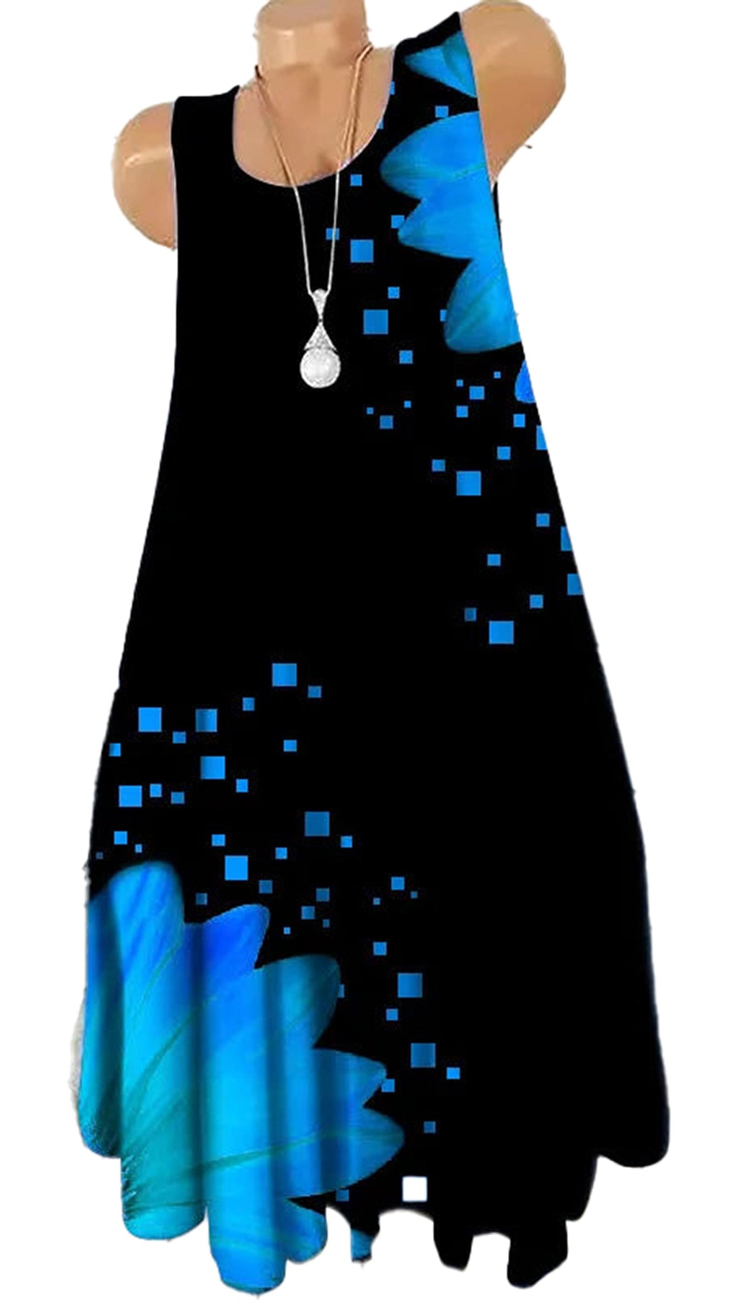 LuckeLadybug women's 3D tie-dye floral mini dress featuring bold blue floral designs on a black background