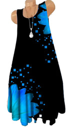 Women's 3D tie-dye floral mini dress featuring vibrant blue floral patterns on a black background