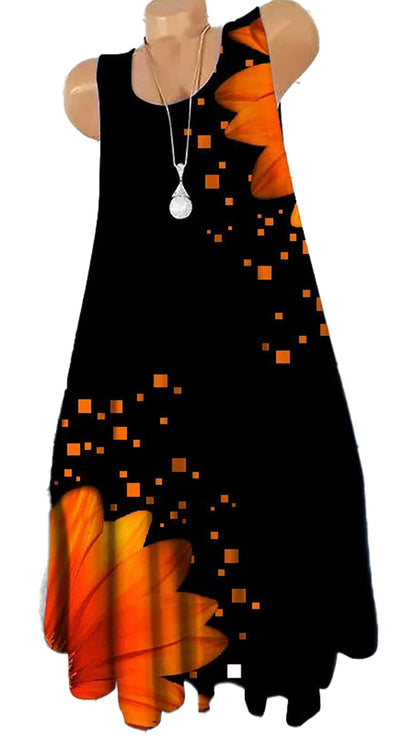 Women's 3D tie-dye floral mini dress in black with bright orange floral design and square patterns