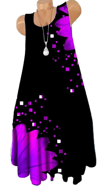 LuckeLadybug women's 3D tie-dye floral mini dress with vibrant purple flower design and a flowing silhouette