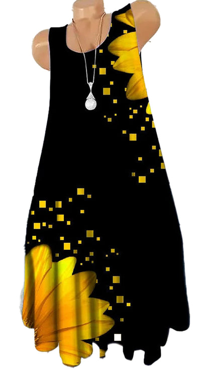 LuckeLadybug LLC women's 3D tie-dye floral mini dress with vibrant yellow flower design on a black background