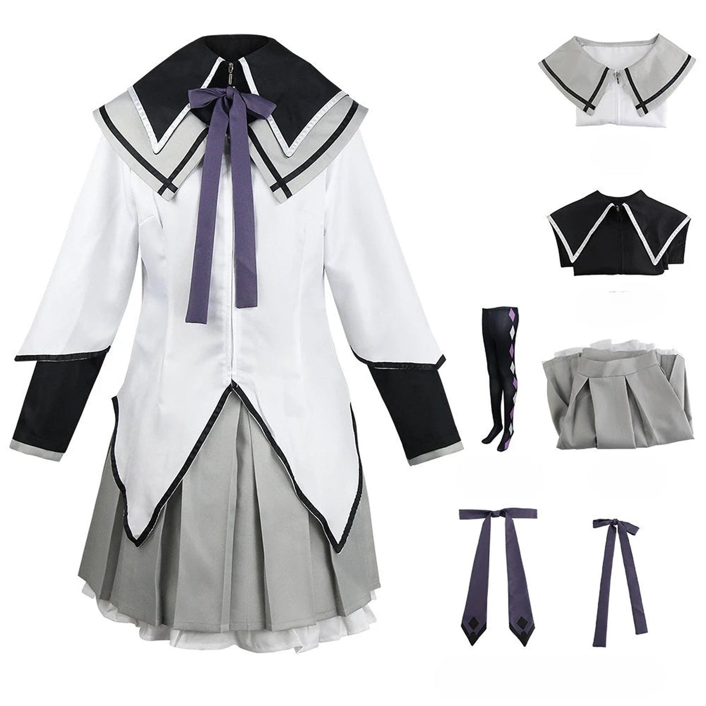 Women's anime cosplay costume in white and grey with accessories for themed events