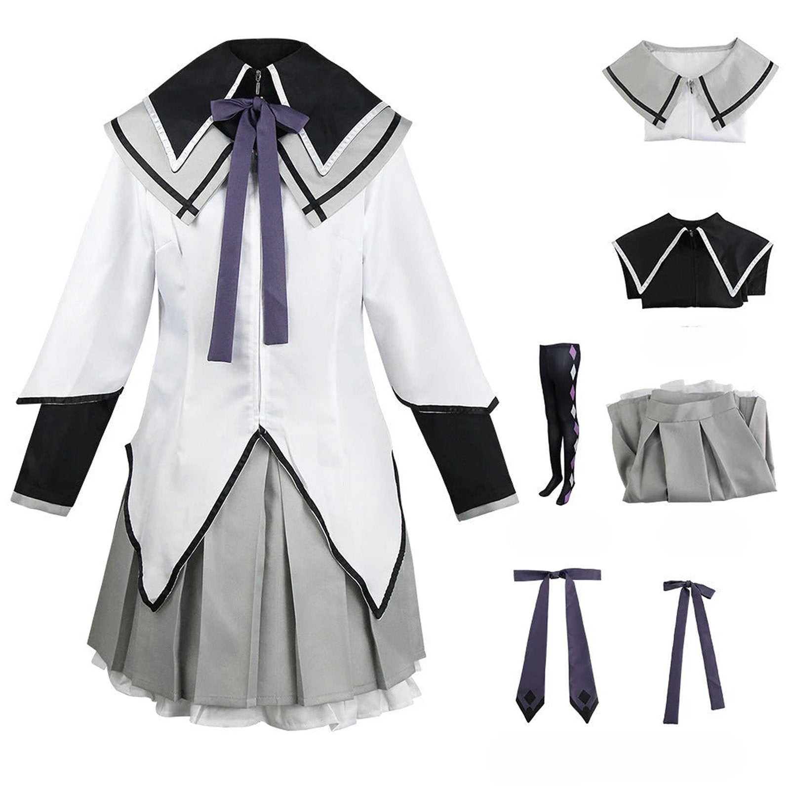 Women's anime cosplay costume in white and grey with accessories for themed events