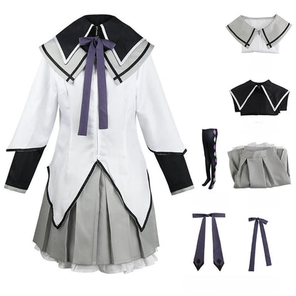 Women's anime cosplay costume in white and grey with accessories for themed events