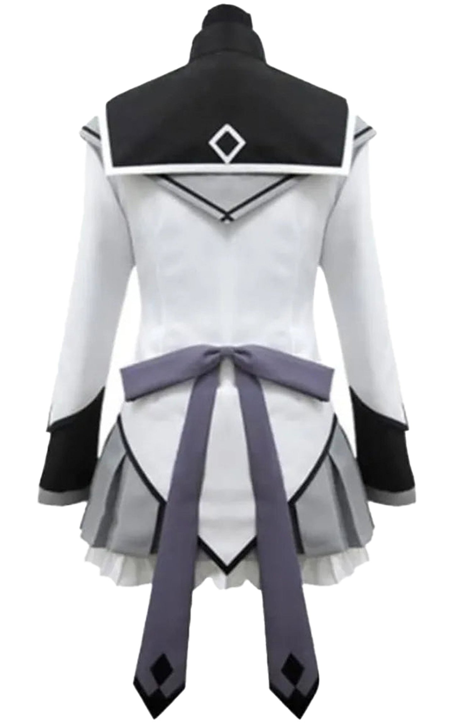 Back view of a women's anime cosplay costume featuring a stylish black and white design with a bow