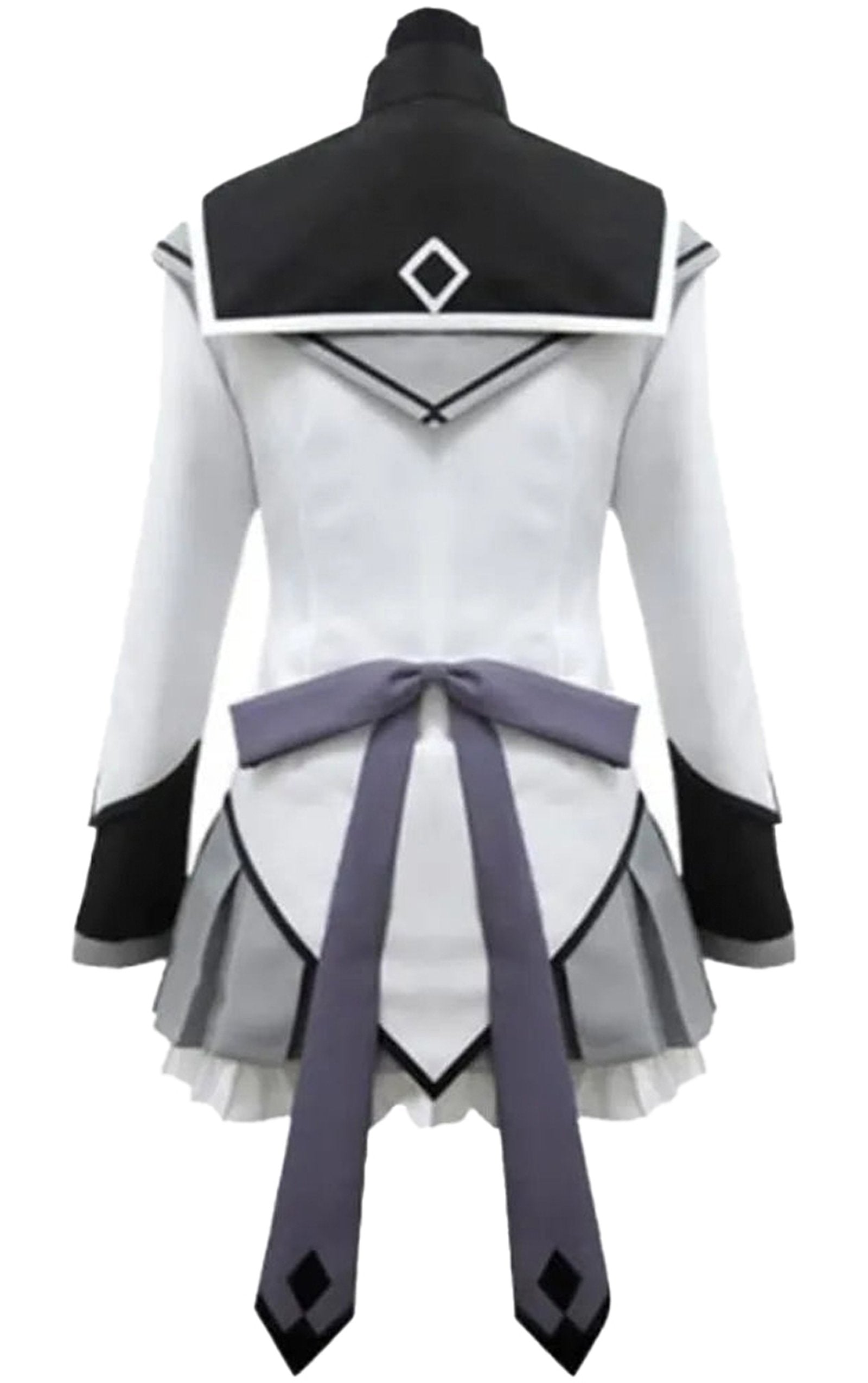 Back view of a women's anime cosplay costume featuring a stylish black and white design with a bow