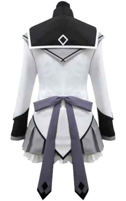 Back view of a women's anime cosplay costume featuring a stylish black and white design with a bow