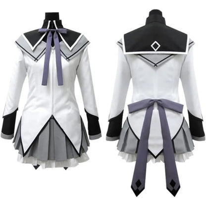 Stylish women's anime cosplay costume featuring a white and gray design with bow accents