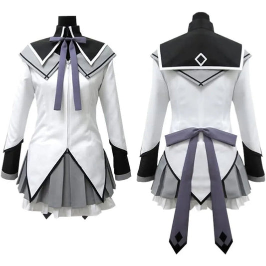 Stylish women's anime cosplay costume featuring a white and gray design with bow accents