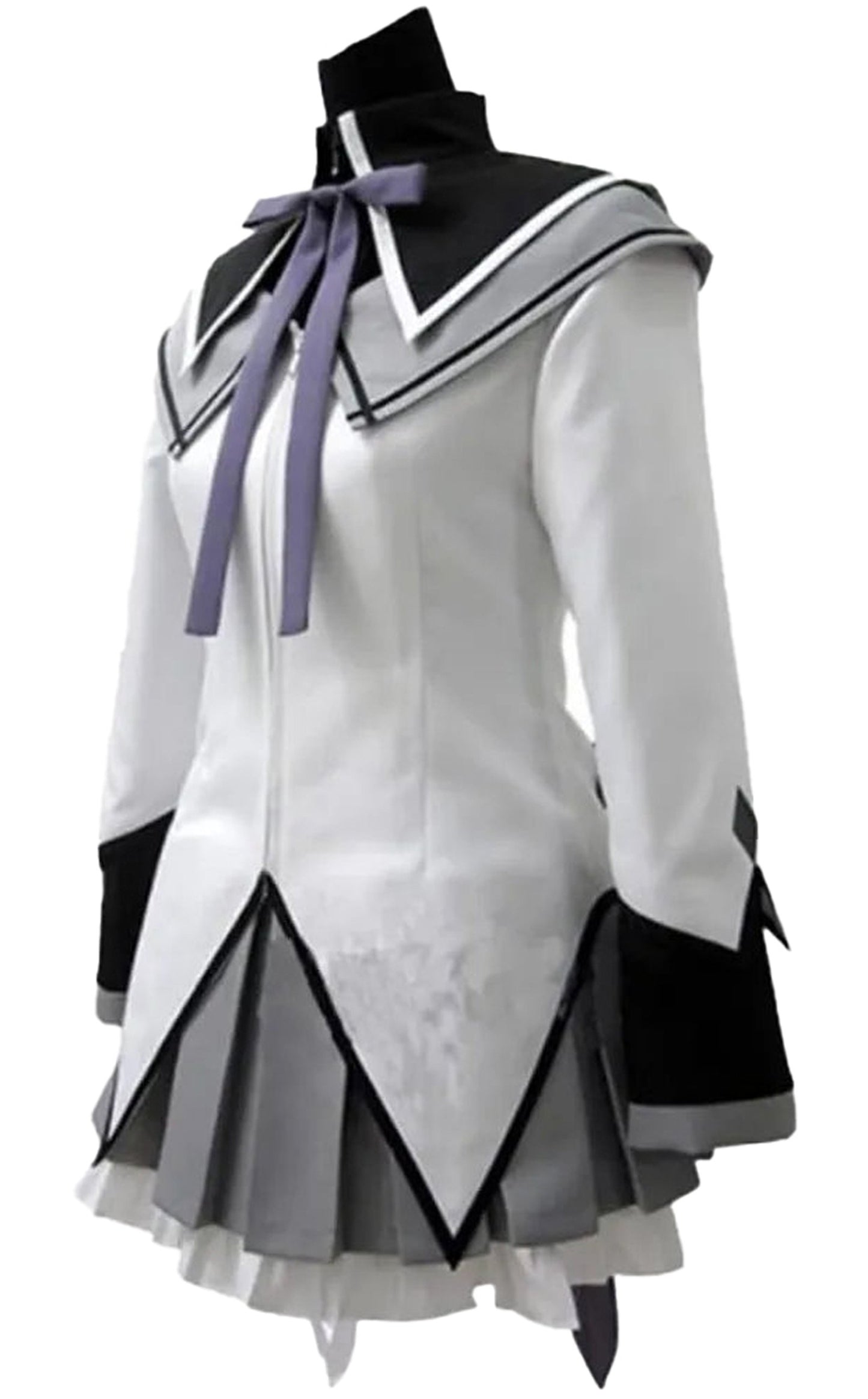 Women's anime cosplay costume featuring a stylish black and white design with a pleated skirt