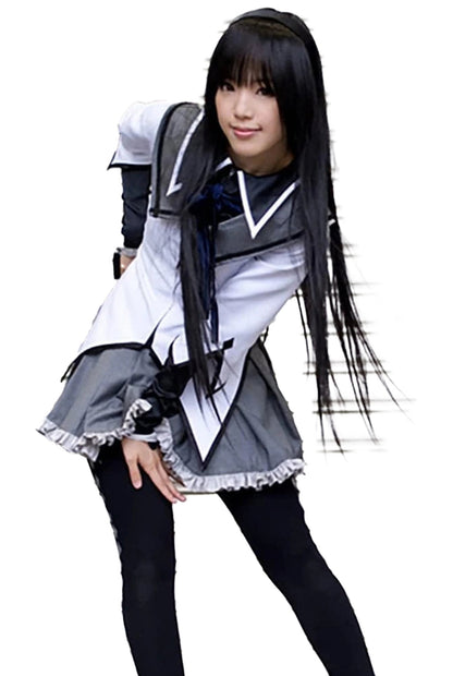 Women's anime cosplay costume featuring a stylish gray and white outfit with intricate details