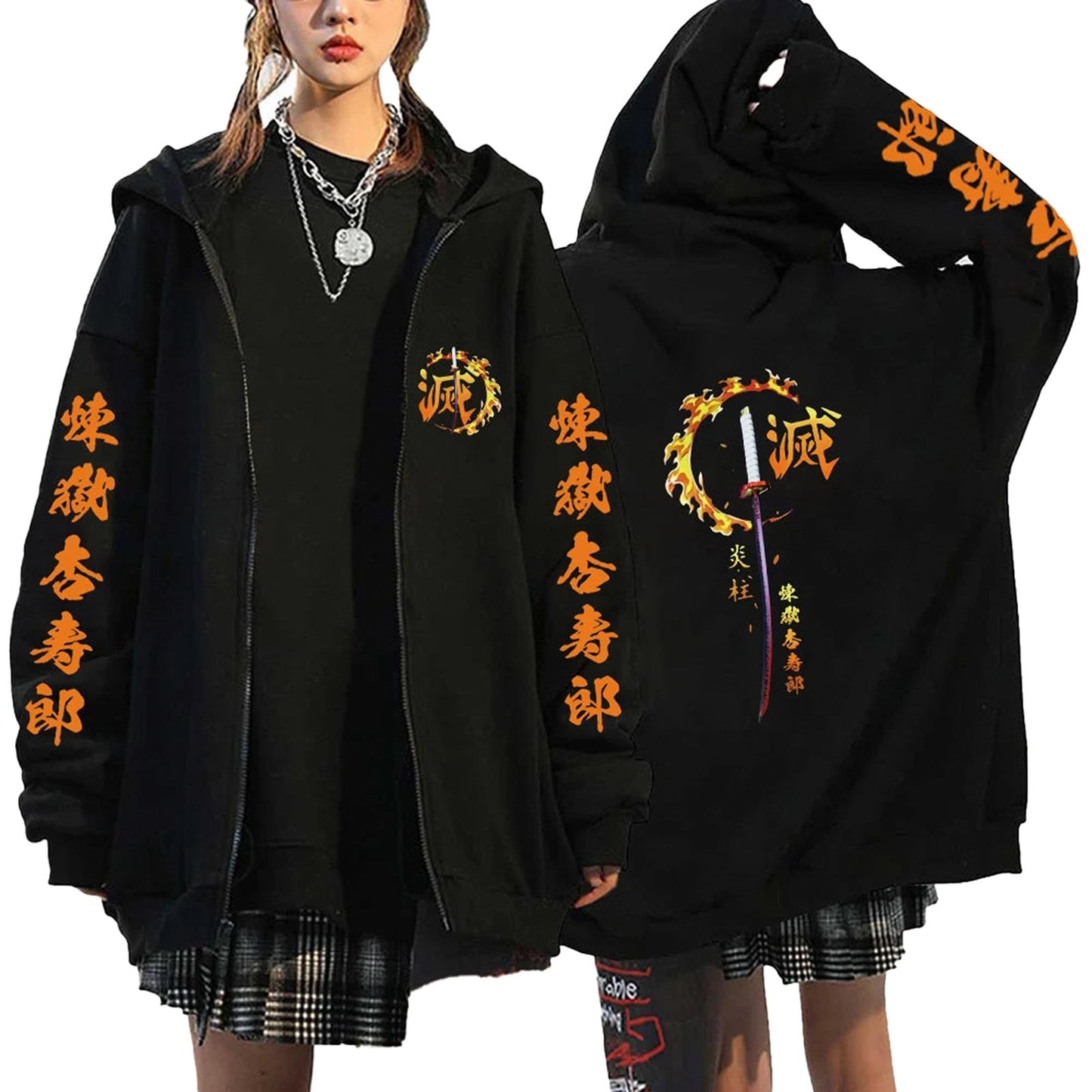 Womens anime hoodie demon slayer in black with striking designs and oversized fit for comfort